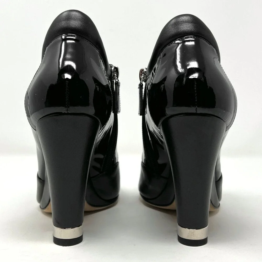Chanel Black Patent Leather Wedge Ankle Boots Chain‎ Lace 38.5